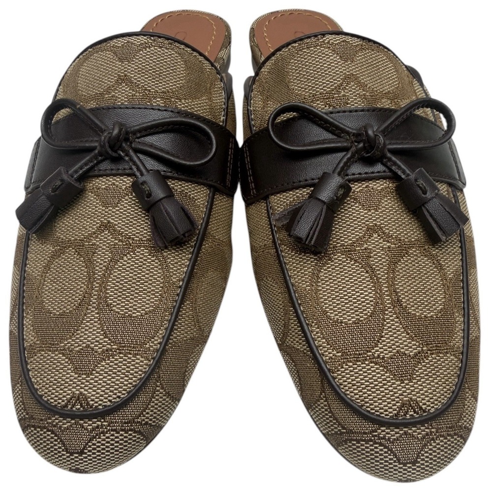 NEW‎ COACH Size 6B Women's Shoes Slide Khaki Jacquard SIG Leather Trim - Picture 2 of 8